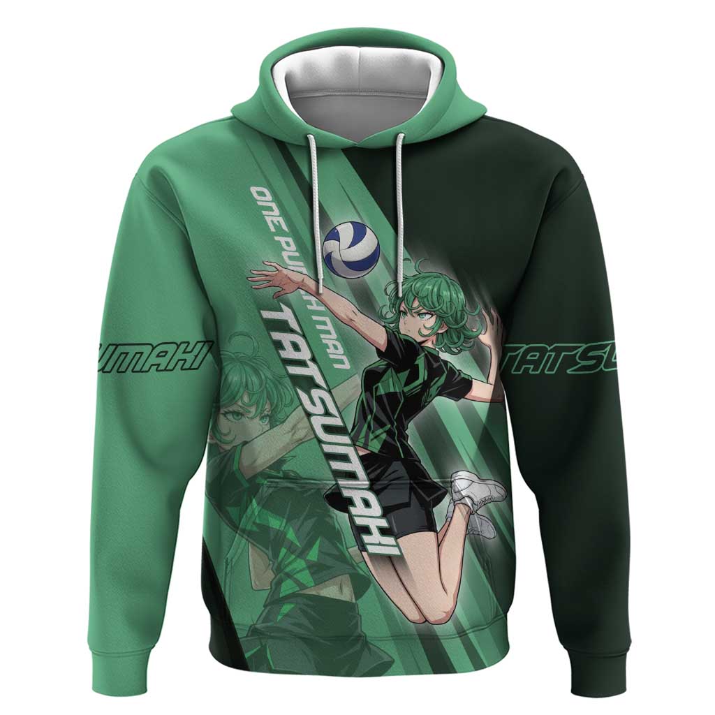 Personalized Tatsumaki Volleyball Design Hoodie with Green Athletic Theme and Energetic Action Pose