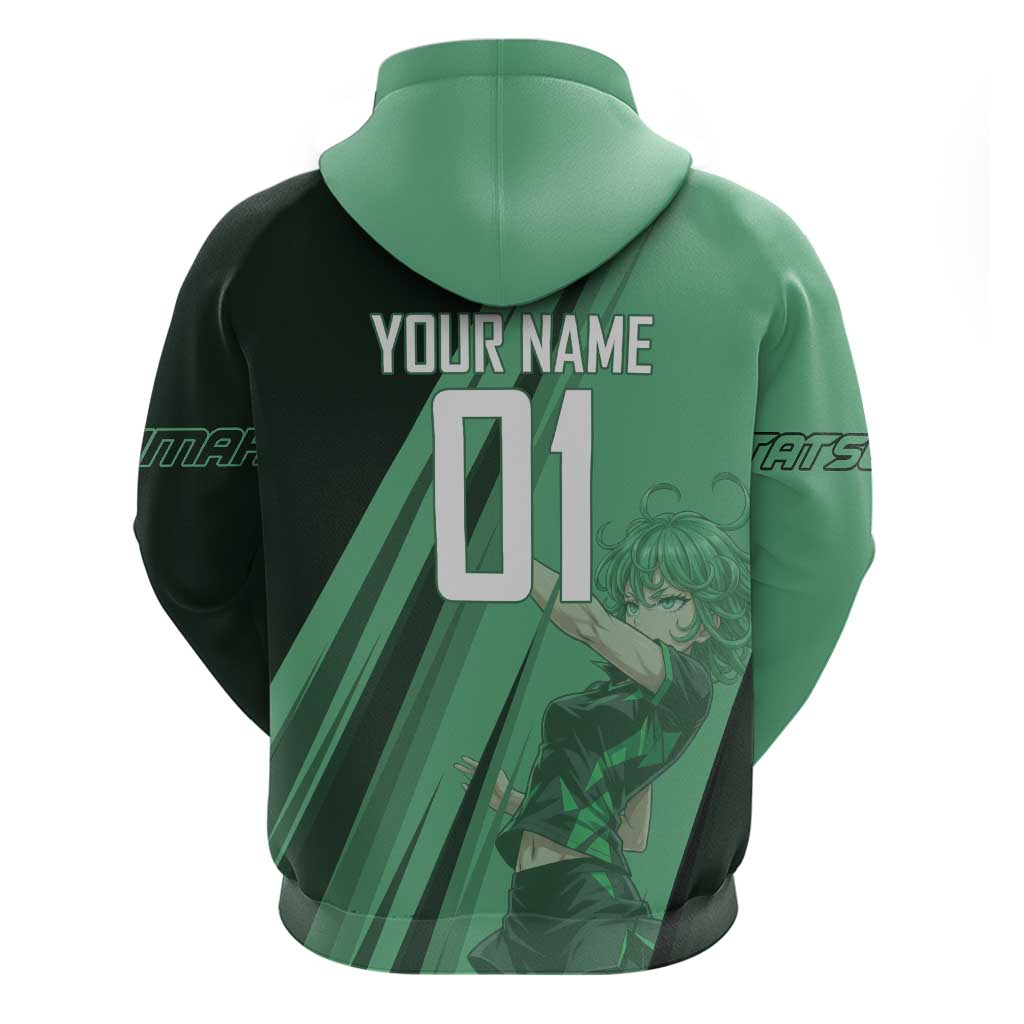 Personalized Tatsumaki Volleyball Design Hoodie with Green Athletic Theme and Energetic Action Pose