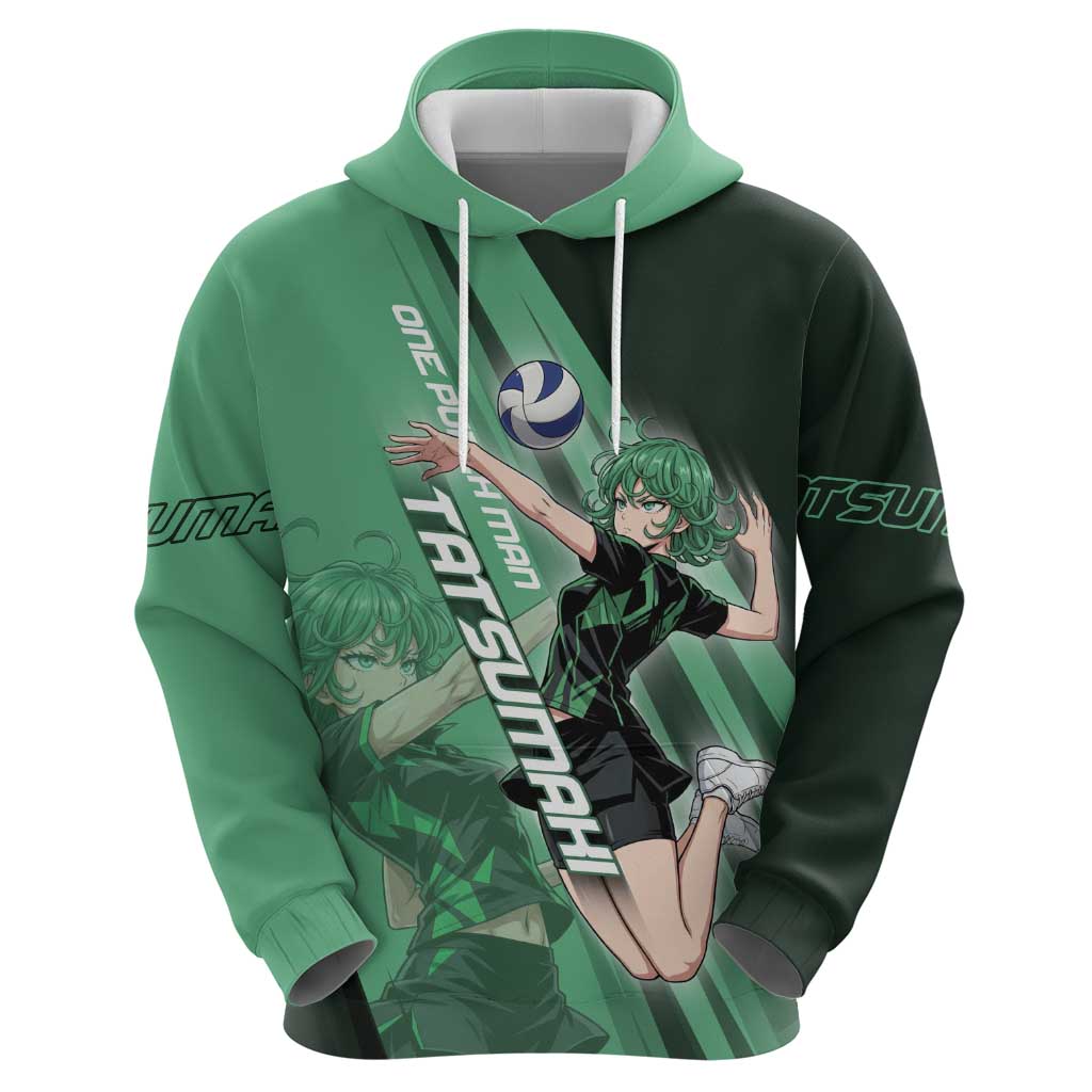 Personalized Tatsumaki Volleyball Design Hoodie with Green Athletic Theme and Energetic Action Pose