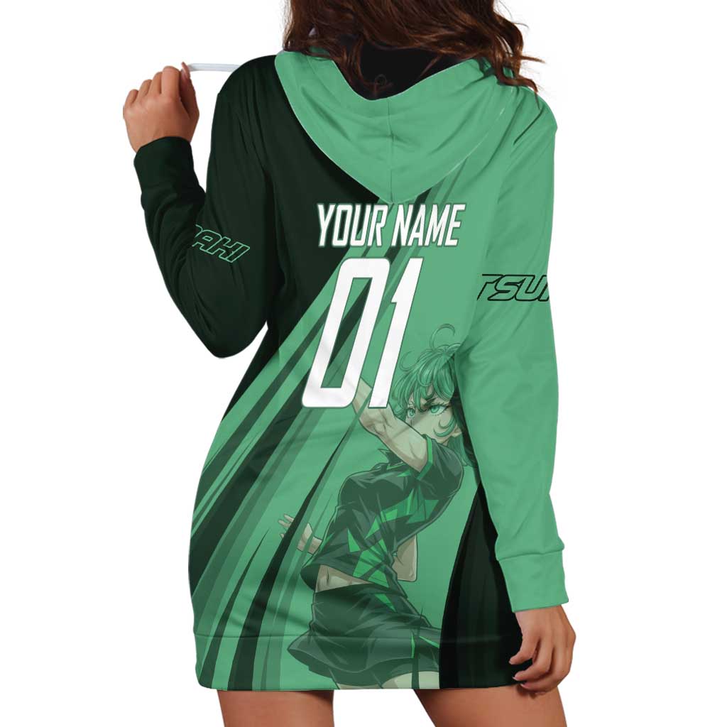 Personalized Tatsumaki Volleyball Design Hoodie Dress with Green Athletic Theme and Energetic Action Pose
