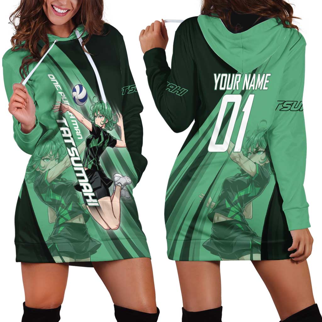 Personalized Tatsumaki Volleyball Design Hoodie Dress with Green Athletic Theme and Energetic Action Pose
