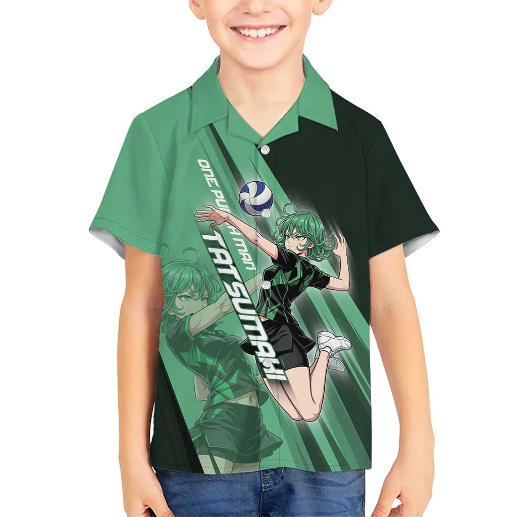 Personalized Tatsumaki Volleyball Design Kid Hawaiian Shirt with Green Athletic Theme and Energetic Action Pose