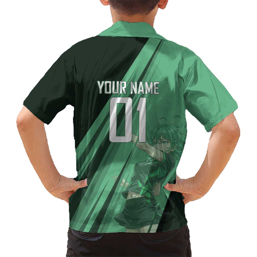 Personalized Tatsumaki Volleyball Design Kid Hawaiian Shirt with Green Athletic Theme and Energetic Action Pose