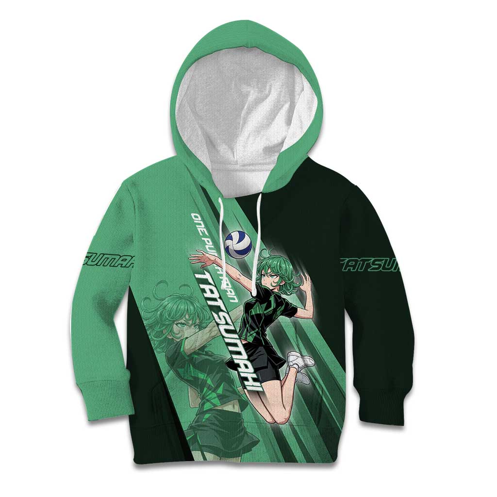 Personalized Tatsumaki Volleyball Design Kid Hoodie with Green Athletic Theme and Energetic Action Pose