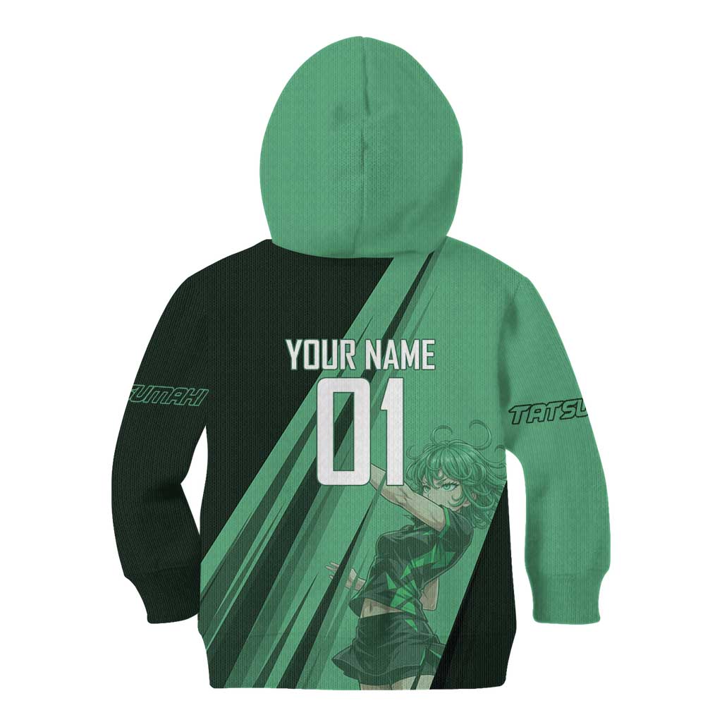 Personalized Tatsumaki Volleyball Design Kid Hoodie with Green Athletic Theme and Energetic Action Pose