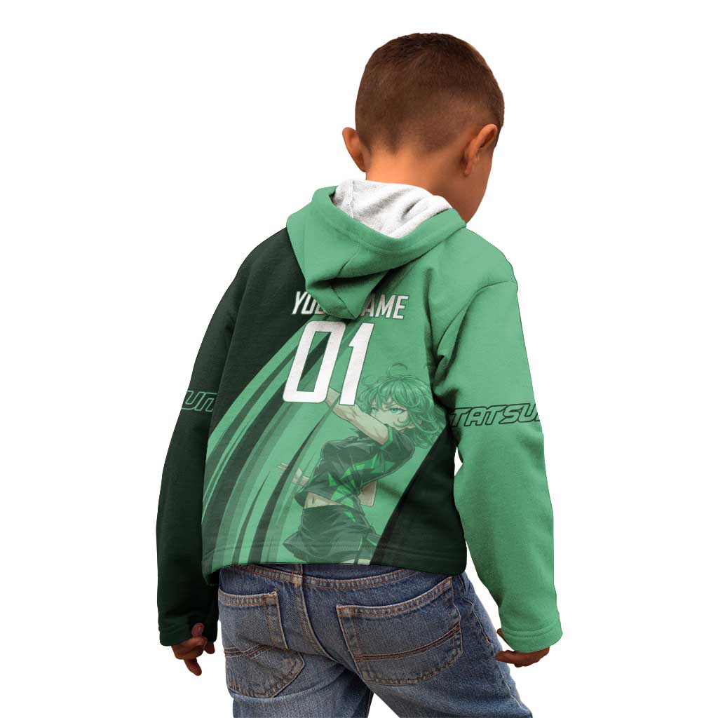 Personalized Tatsumaki Volleyball Design Kid Hoodie with Green Athletic Theme and Energetic Action Pose