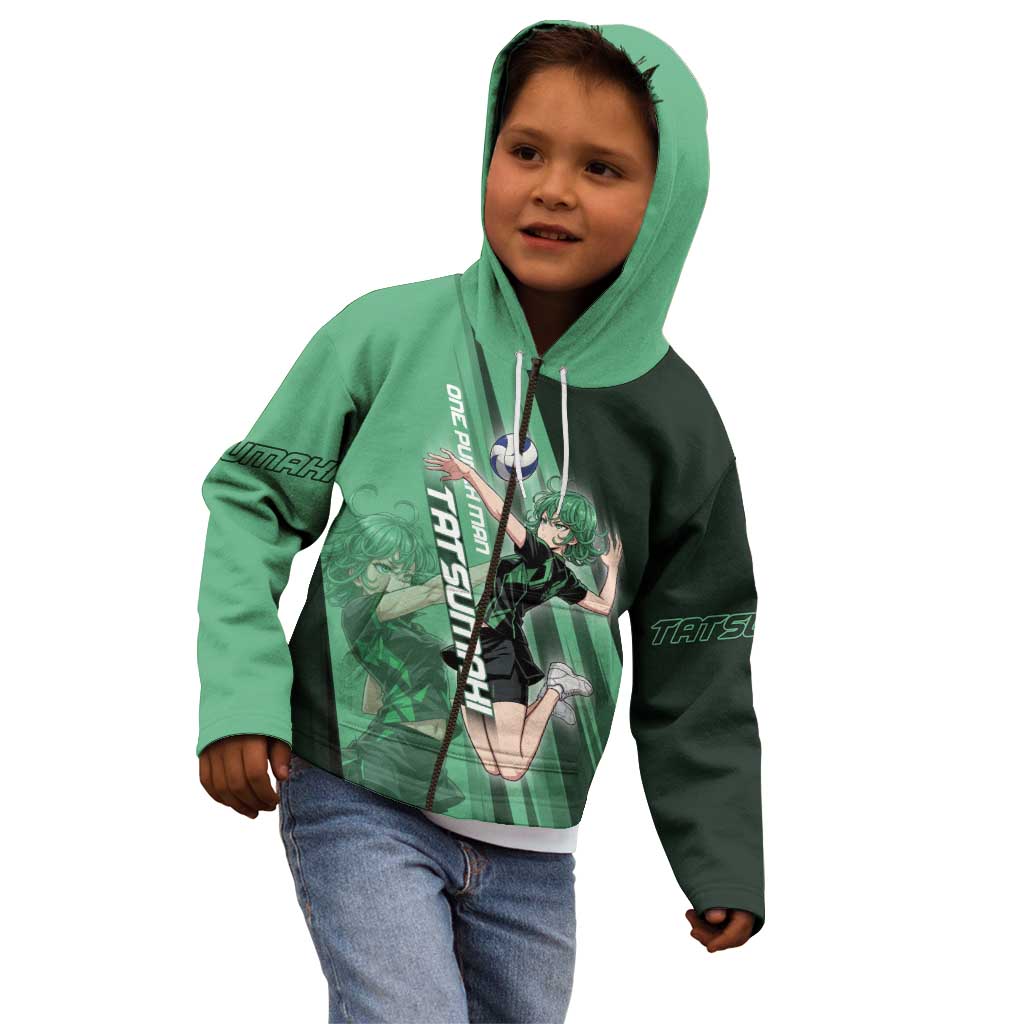 Personalized Tatsumaki Volleyball Design Kid Hoodie with Green Athletic Theme and Energetic Action Pose