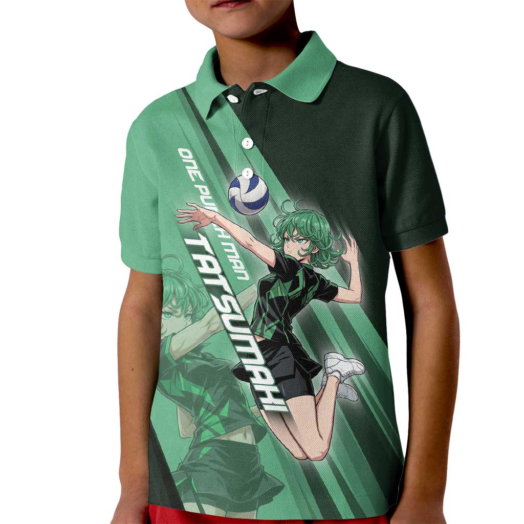 Personalized Tatsumaki Volleyball Design Kid Polo Shirt with Green Athletic Theme and Energetic Action Pose