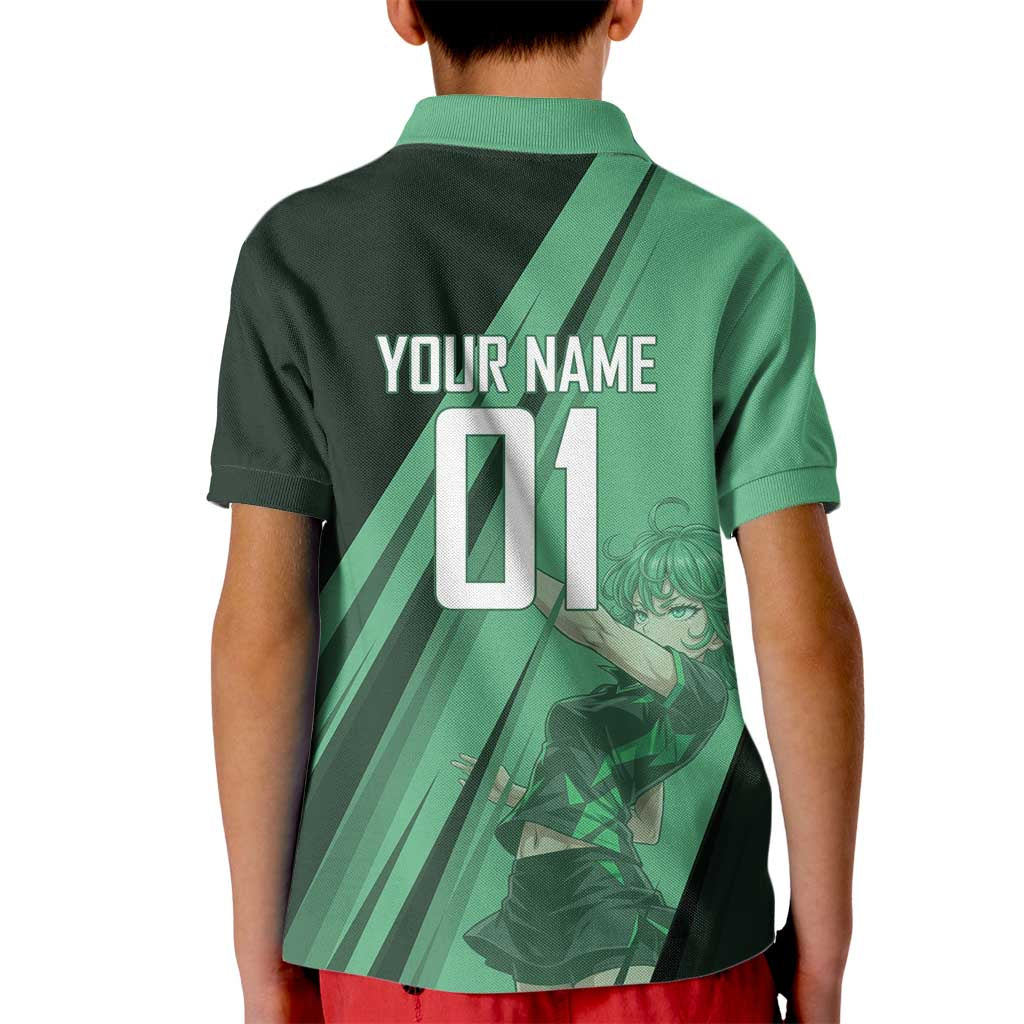 Personalized Tatsumaki Volleyball Design Kid Polo Shirt with Green Athletic Theme and Energetic Action Pose