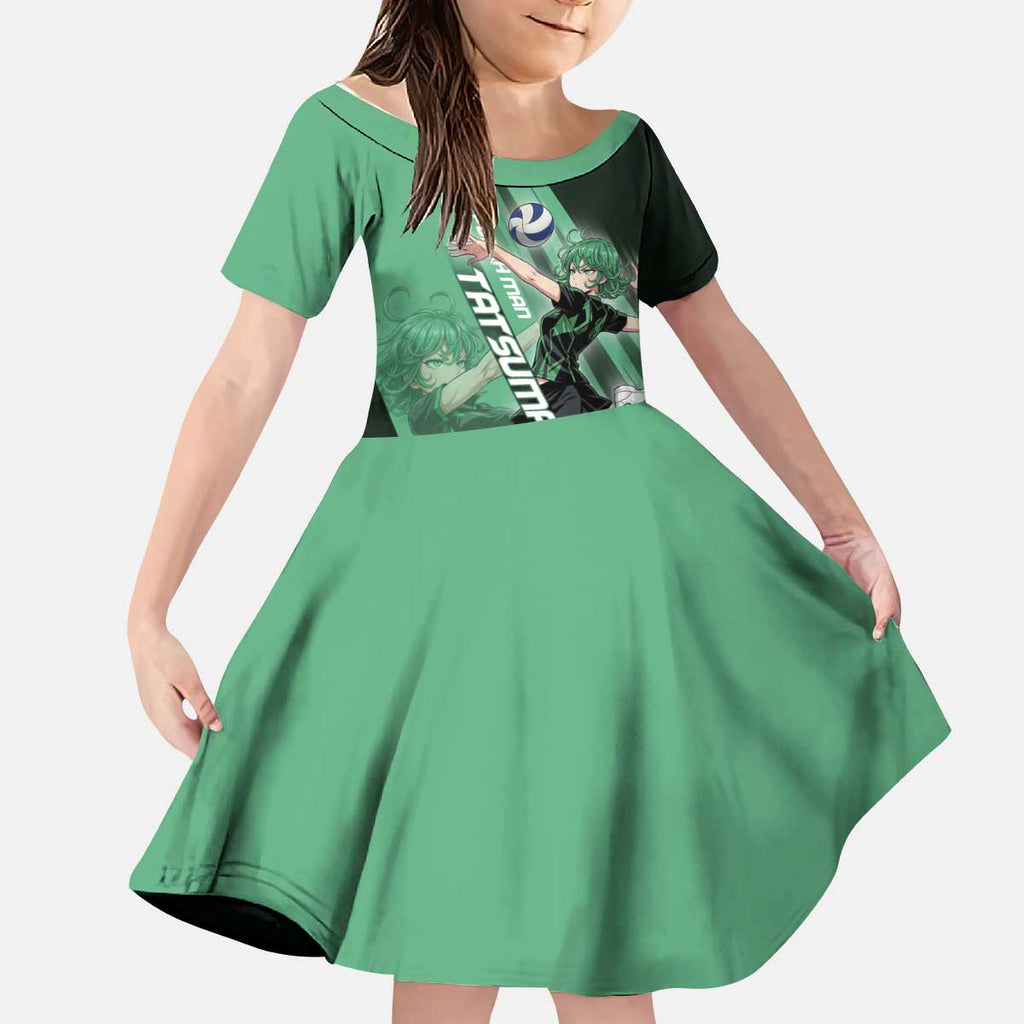 Personalized Tatsumaki Volleyball Design Kid Short Sleeve Dress with Green Athletic Theme and Energetic Action Pose
