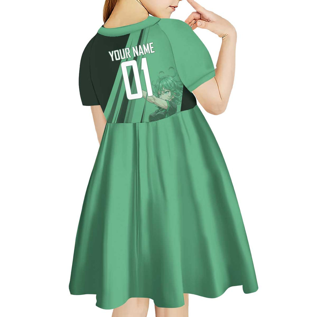 Personalized Tatsumaki Volleyball Design Kid Short Sleeve Dress with Green Athletic Theme and Energetic Action Pose