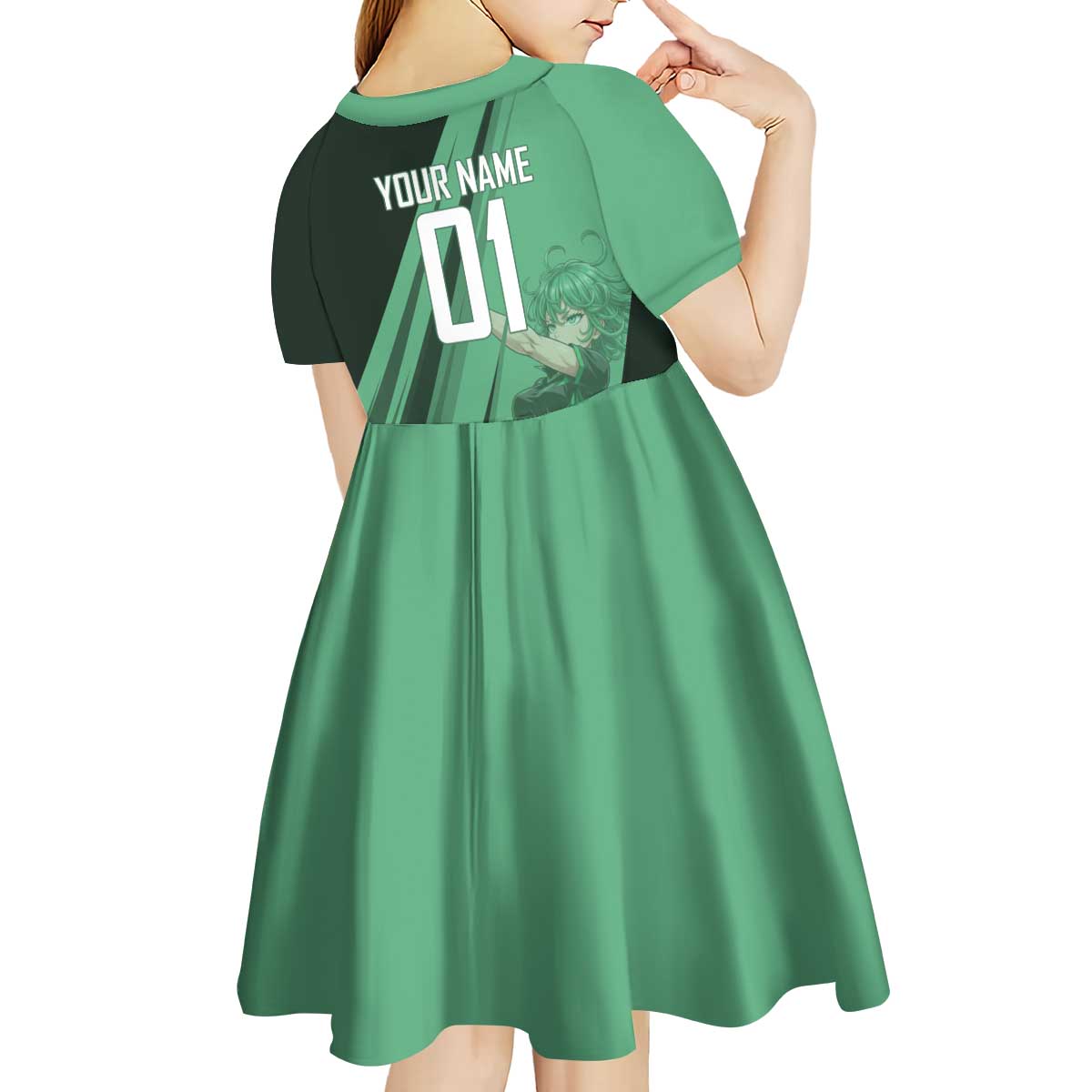 Personalized Tatsumaki Volleyball Design Kid Short Sleeve Dress with Green Athletic Theme and Energetic Action Pose