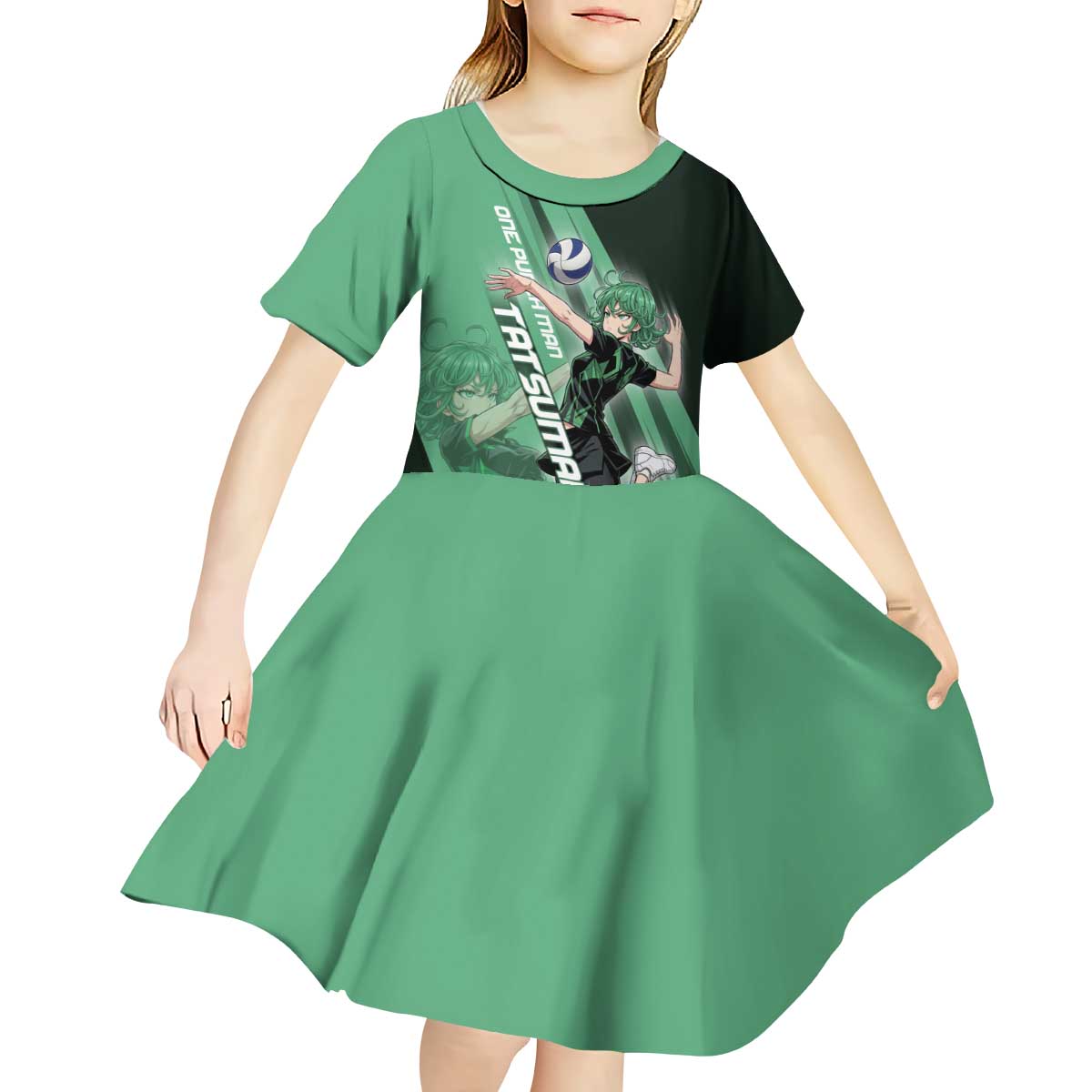 Personalized Tatsumaki Volleyball Design Kid Short Sleeve Dress with Green Athletic Theme and Energetic Action Pose