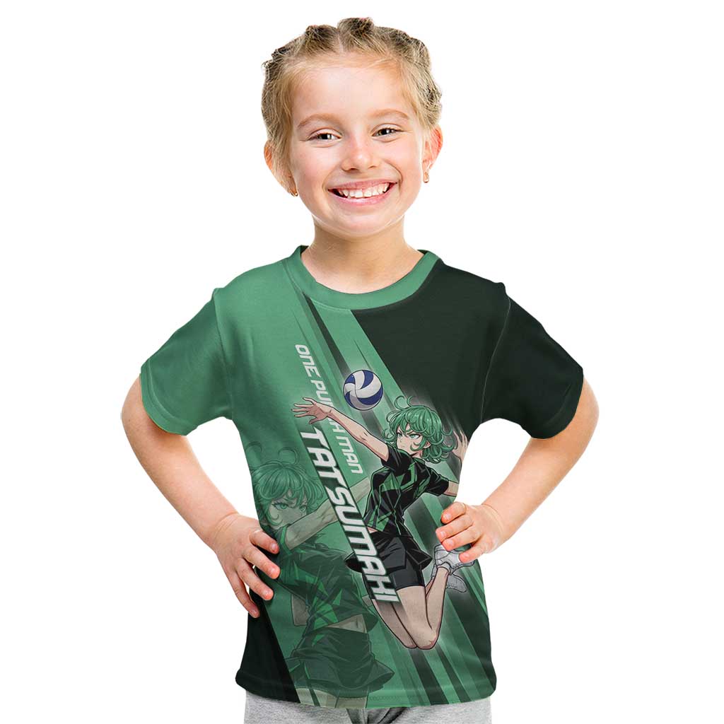 Personalized Tatsumaki Volleyball Design Kid T Shirt with Green Athletic Theme and Energetic Action Pose