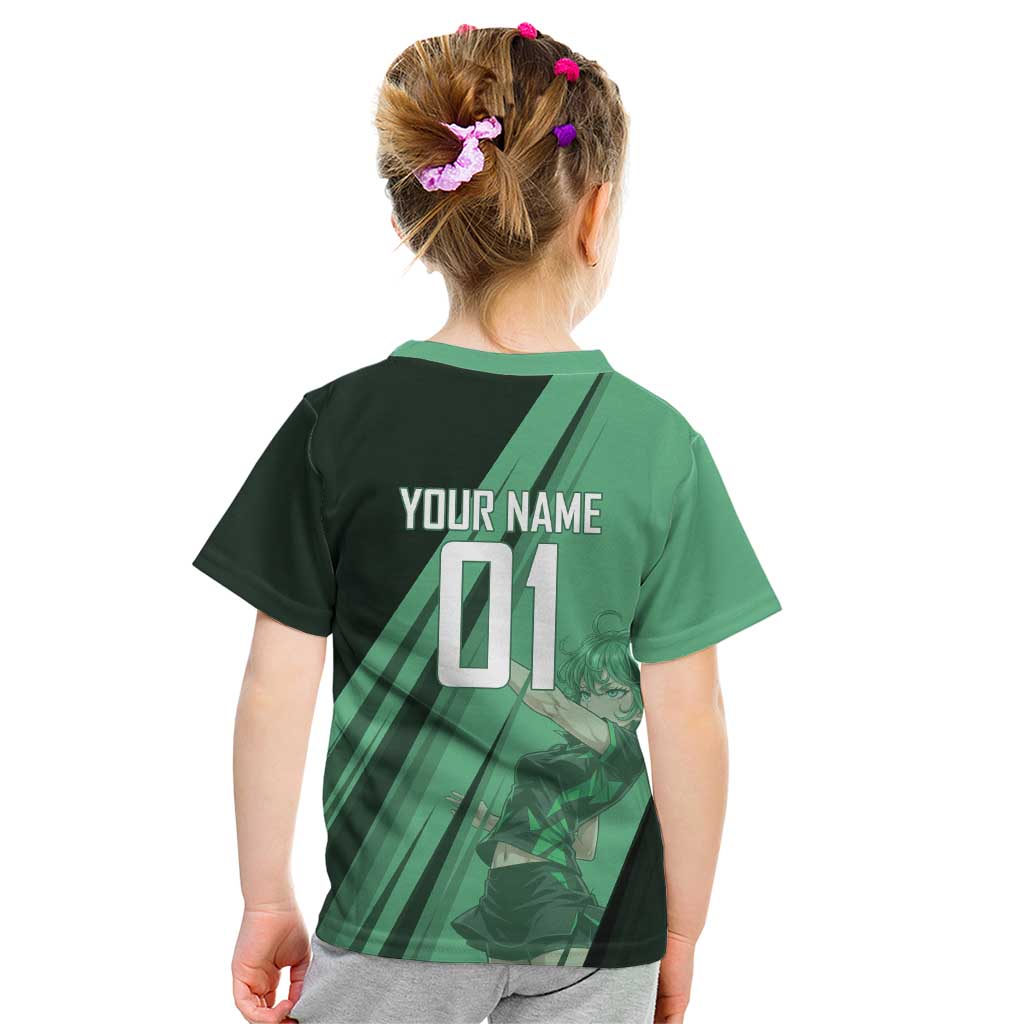Personalized Tatsumaki Volleyball Design Kid T Shirt with Green Athletic Theme and Energetic Action Pose