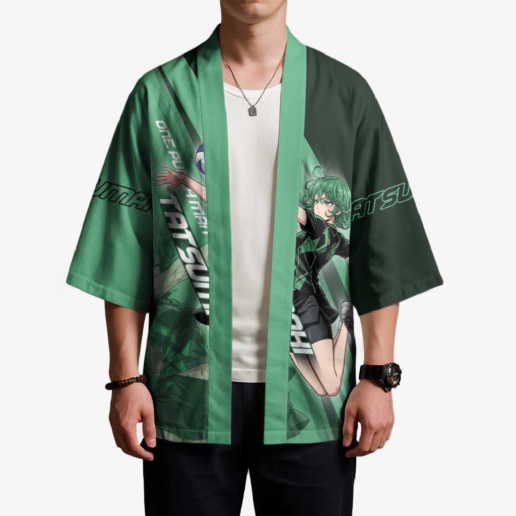 Personalized Tatsumaki Volleyball Design Kimono with Green Athletic Theme and Energetic Action Pose