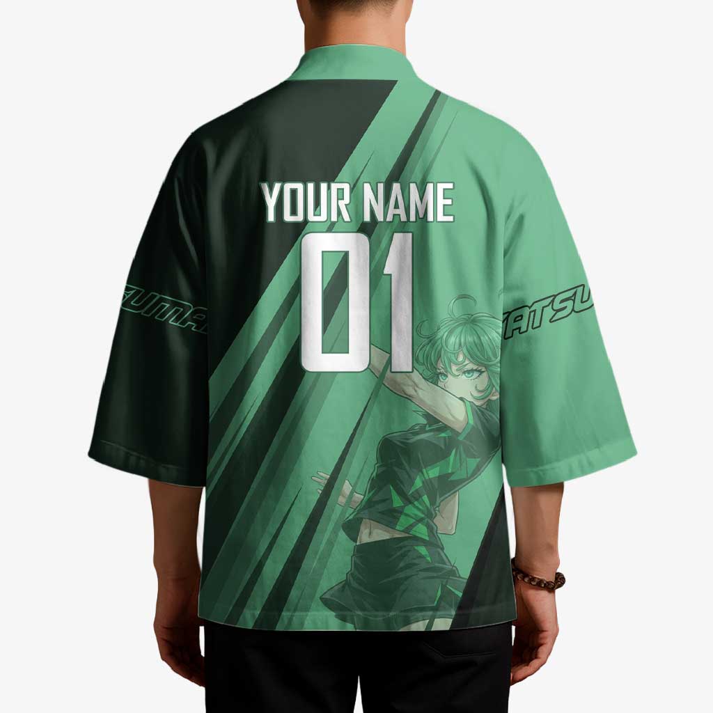 Personalized Tatsumaki Volleyball Design Kimono with Green Athletic Theme and Energetic Action Pose