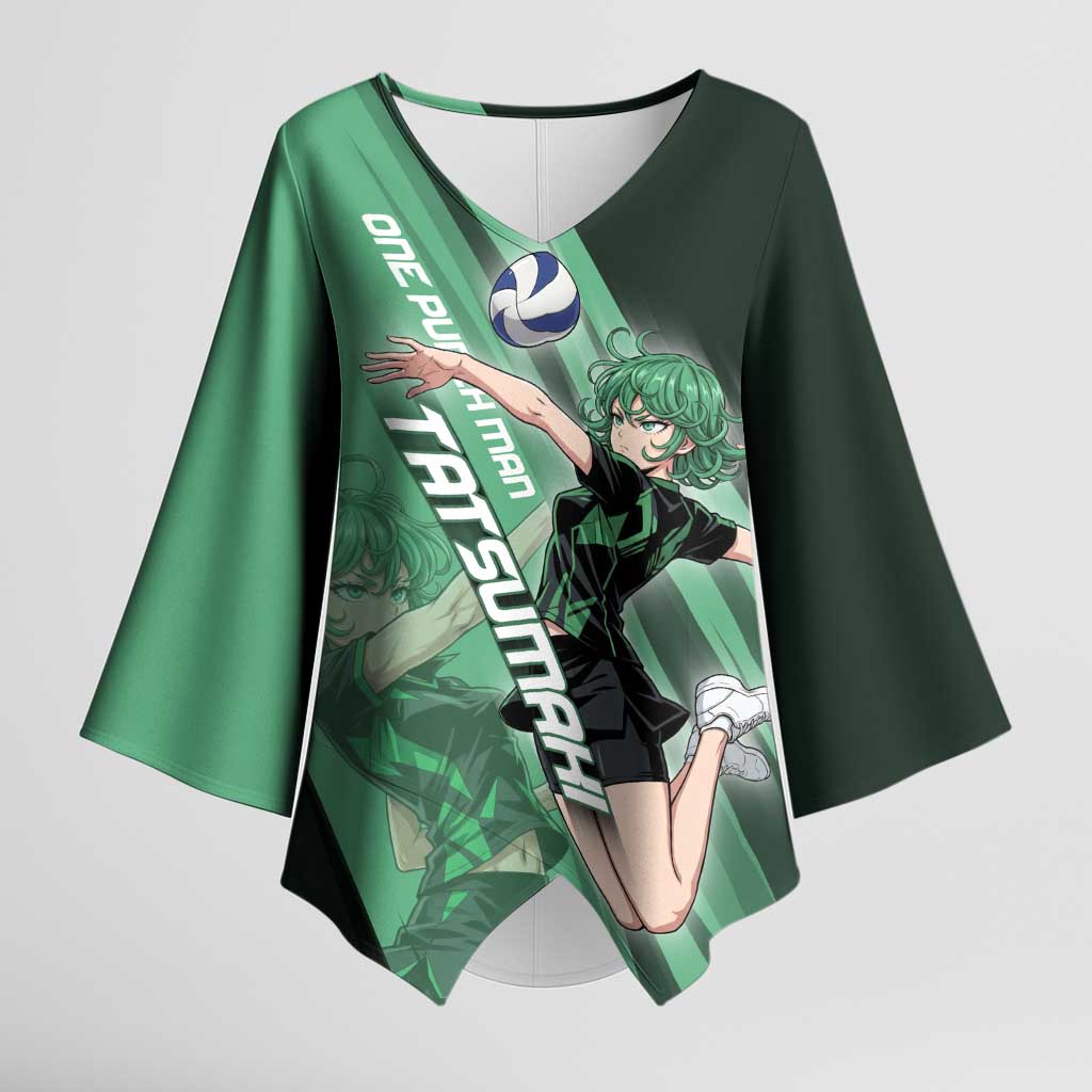 Personalized Tatsumaki Volleyball Design Kimono Sleeve Blouse with Green Athletic Theme and Energetic Action Pose