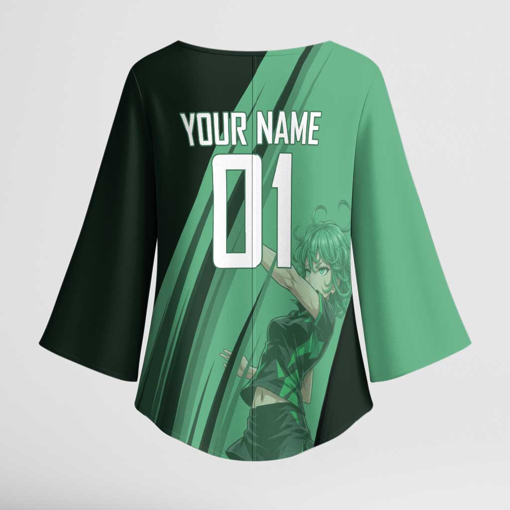 Personalized Tatsumaki Volleyball Design Kimono Sleeve Blouse with Green Athletic Theme and Energetic Action Pose