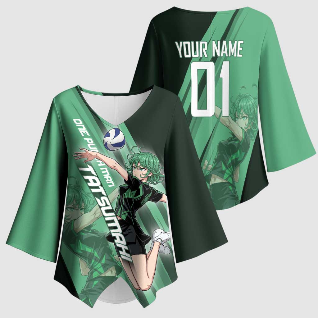 Personalized Tatsumaki Volleyball Design Kimono Sleeve Blouse with Green Athletic Theme and Energetic Action Pose