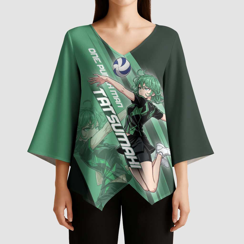 Personalized Tatsumaki Volleyball Design Kimono Sleeve Blouse with Green Athletic Theme and Energetic Action Pose