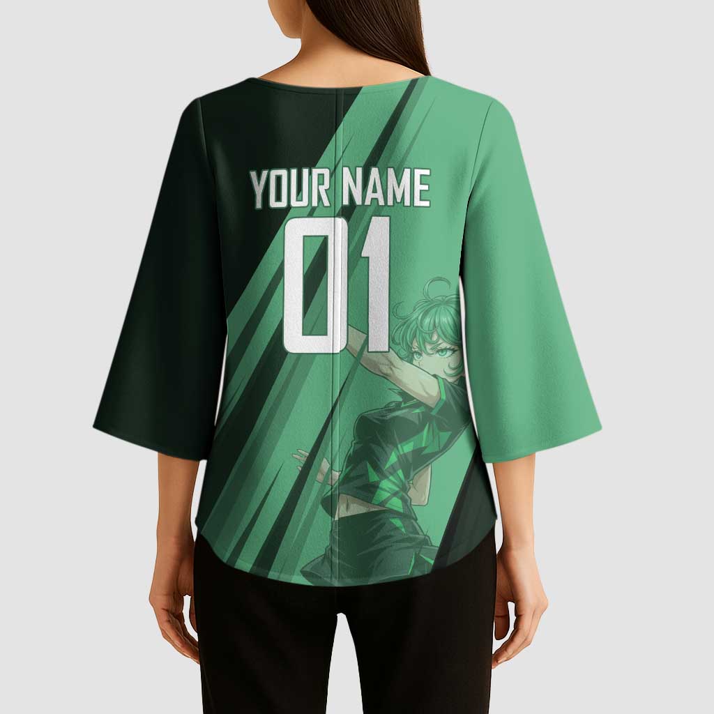 Personalized Tatsumaki Volleyball Design Kimono Sleeve Blouse with Green Athletic Theme and Energetic Action Pose