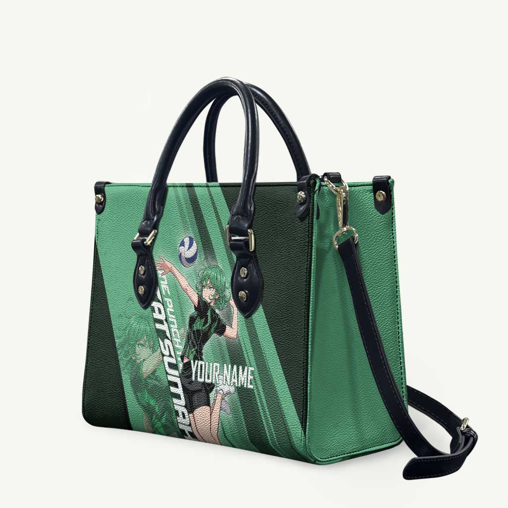 Personalized Tatsumaki Volleyball Design Leather Bag with Green Athletic Theme and Energetic Action Pose