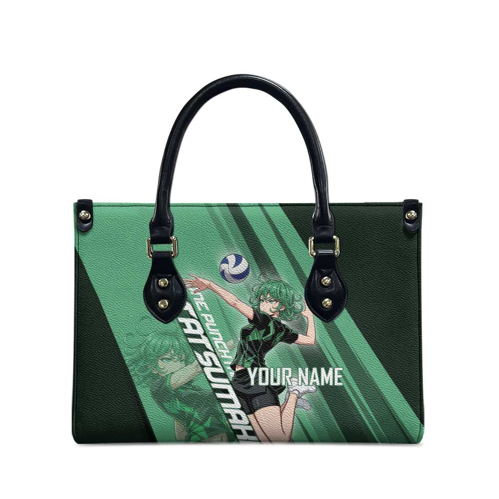 Personalized Tatsumaki Volleyball Design Leather Bag with Green Athletic Theme and Energetic Action Pose