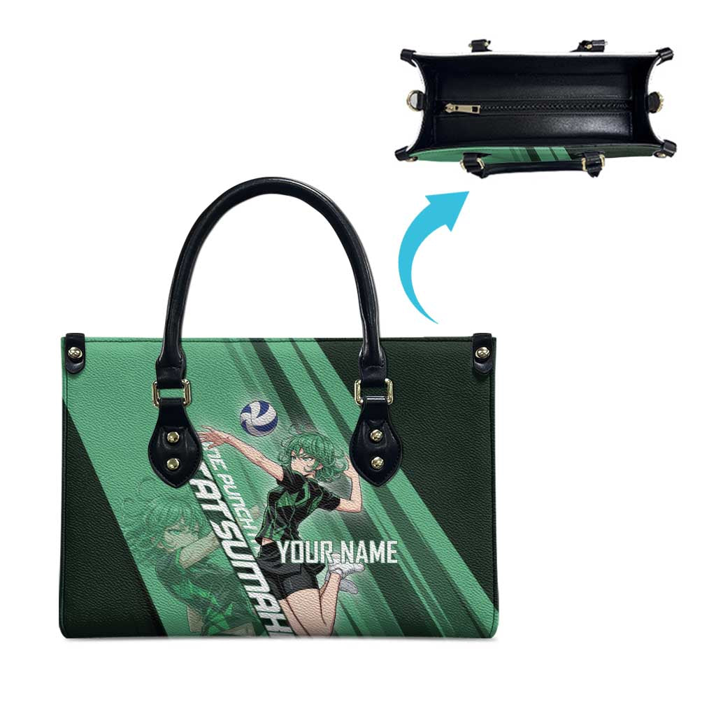 Personalized Tatsumaki Volleyball Design Leather Bag with Green Athletic Theme and Energetic Action Pose