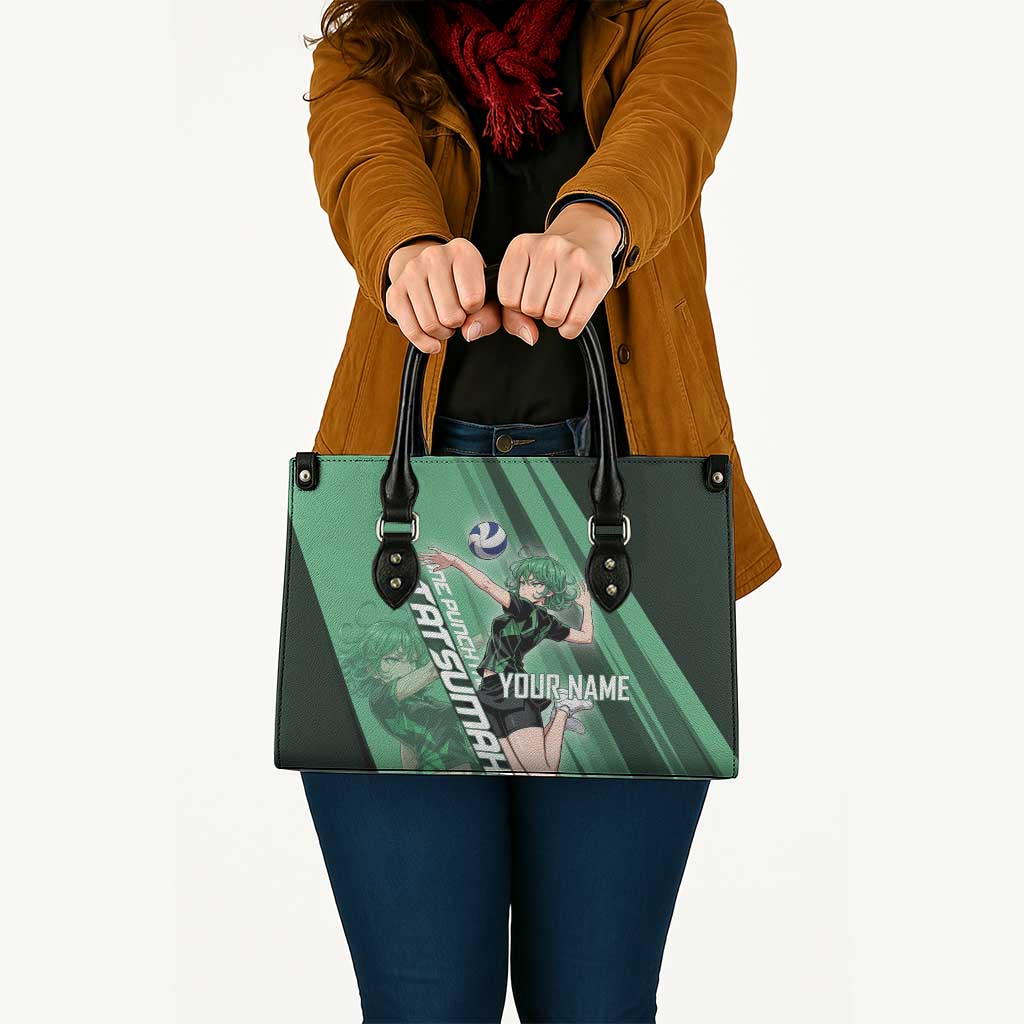 Personalized Tatsumaki Volleyball Design Leather Bag with Green Athletic Theme and Energetic Action Pose