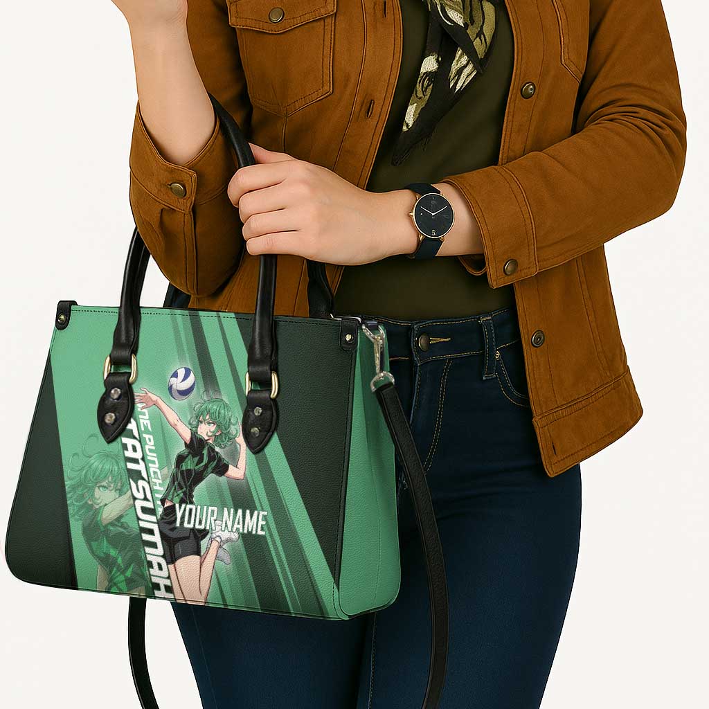 Personalized Tatsumaki Volleyball Design Leather Bag with Green Athletic Theme and Energetic Action Pose