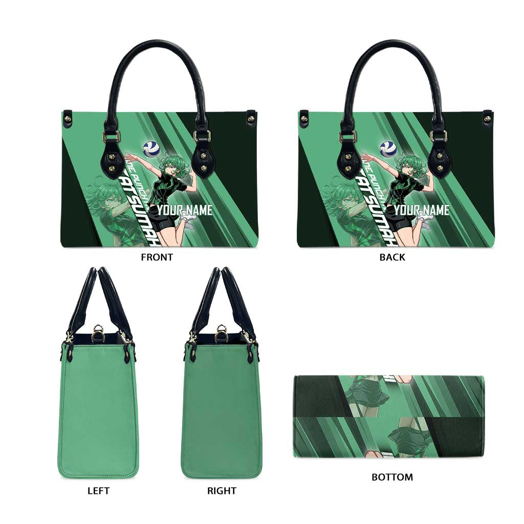 Personalized Tatsumaki Volleyball Design Leather Bag with Green Athletic Theme and Energetic Action Pose