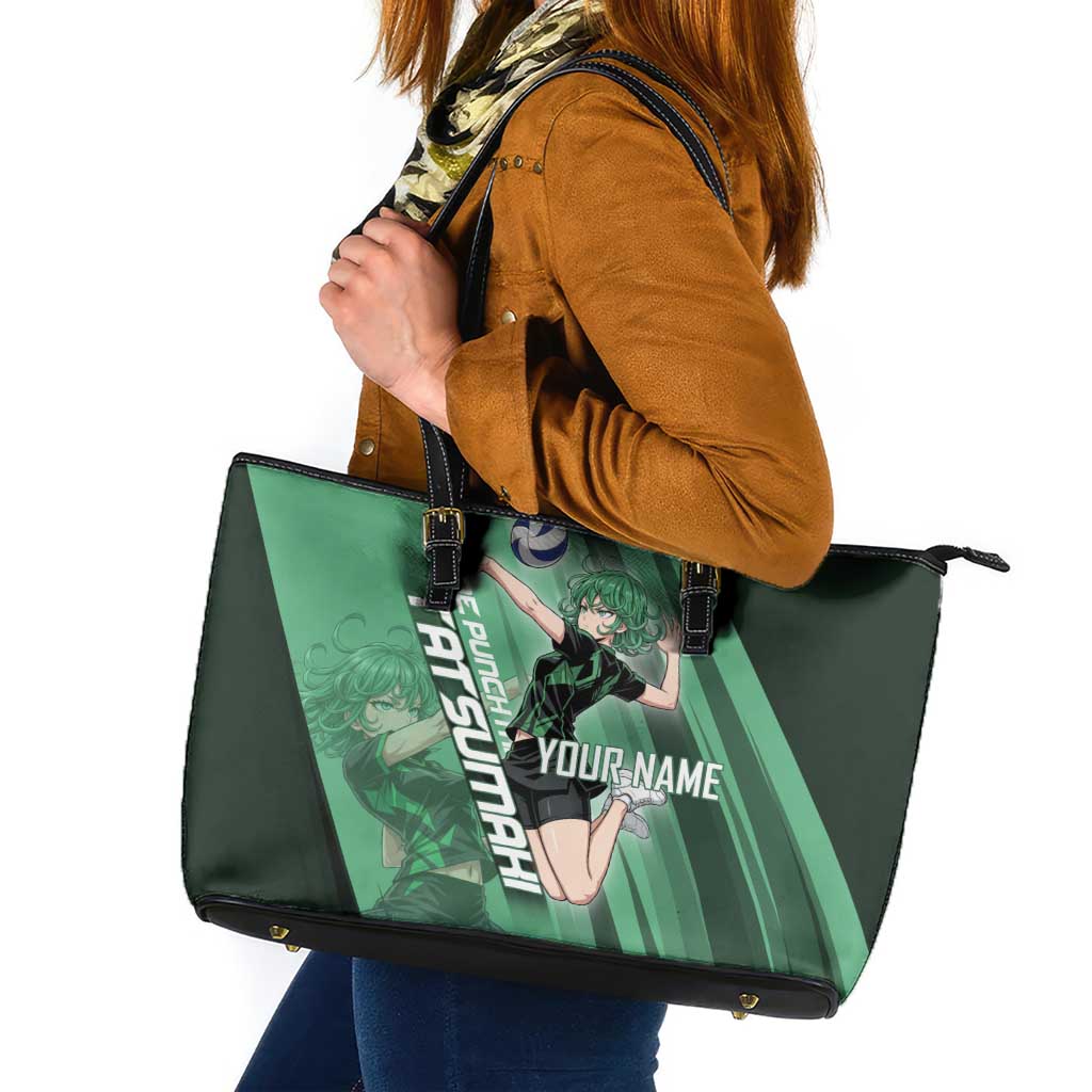 Personalized Tatsumaki Volleyball Design Leather Tote Bag with Green Athletic Theme and Energetic Action Pose