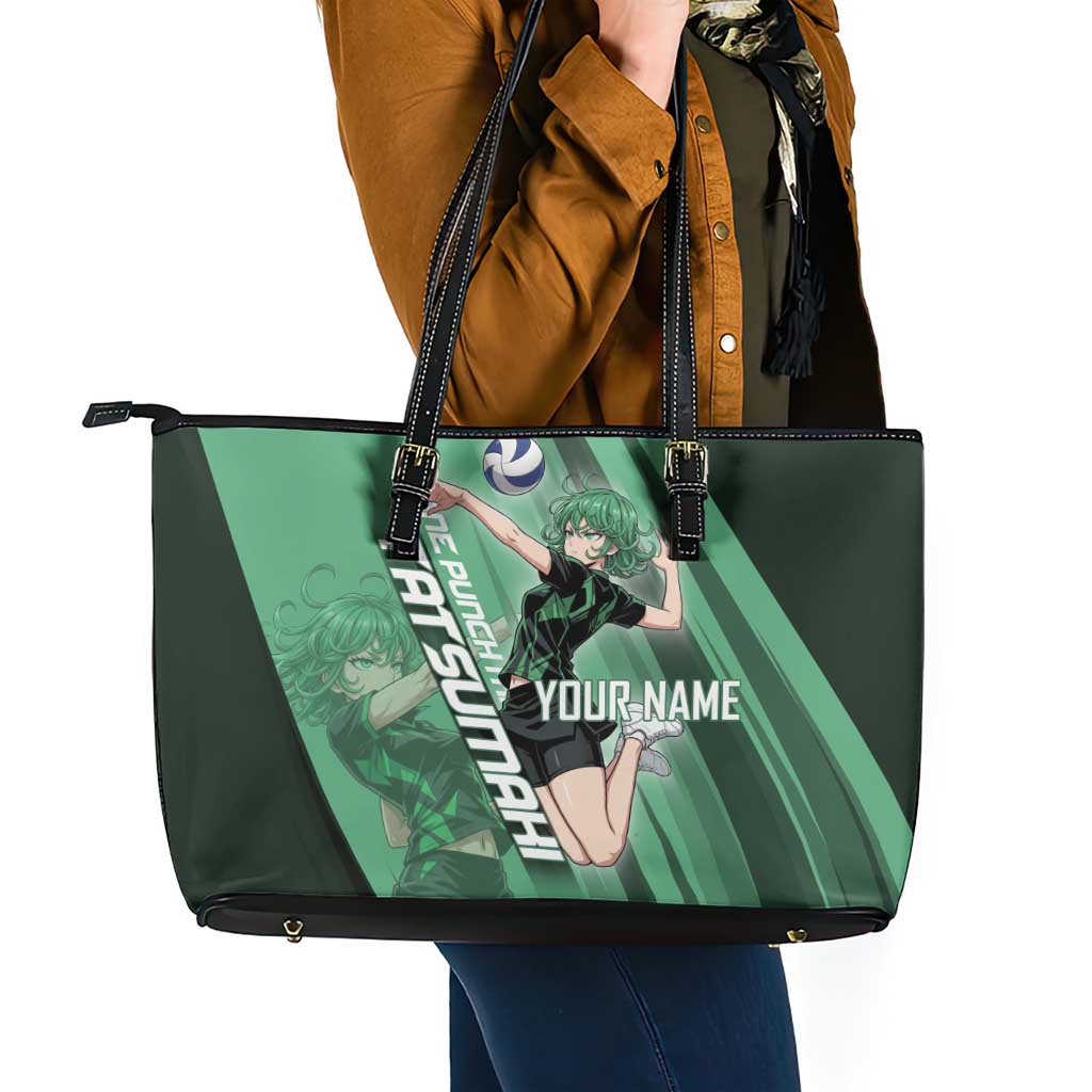 Personalized Tatsumaki Volleyball Design Leather Tote Bag with Green Athletic Theme and Energetic Action Pose