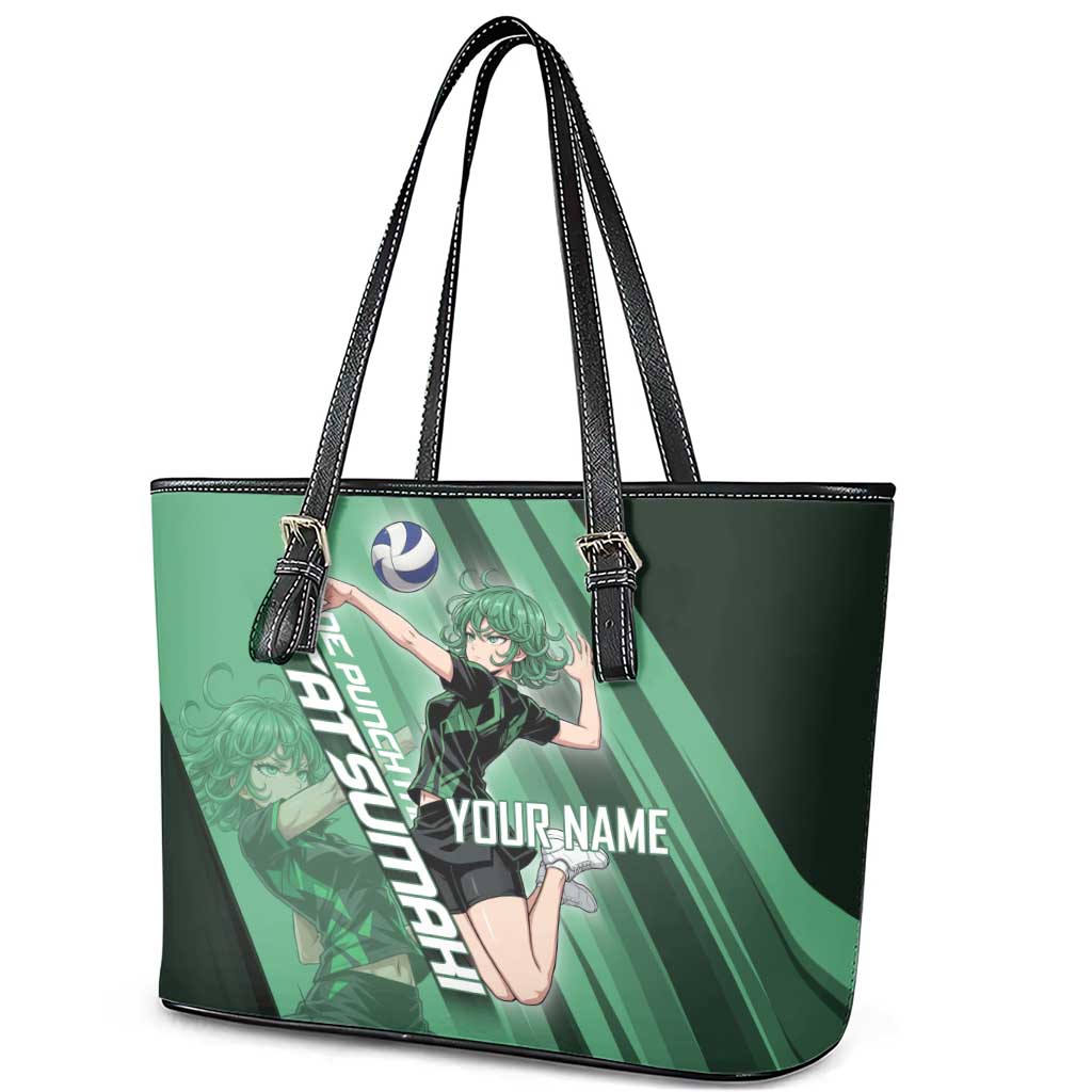 Personalized Tatsumaki Volleyball Design Leather Tote Bag with Green Athletic Theme and Energetic Action Pose