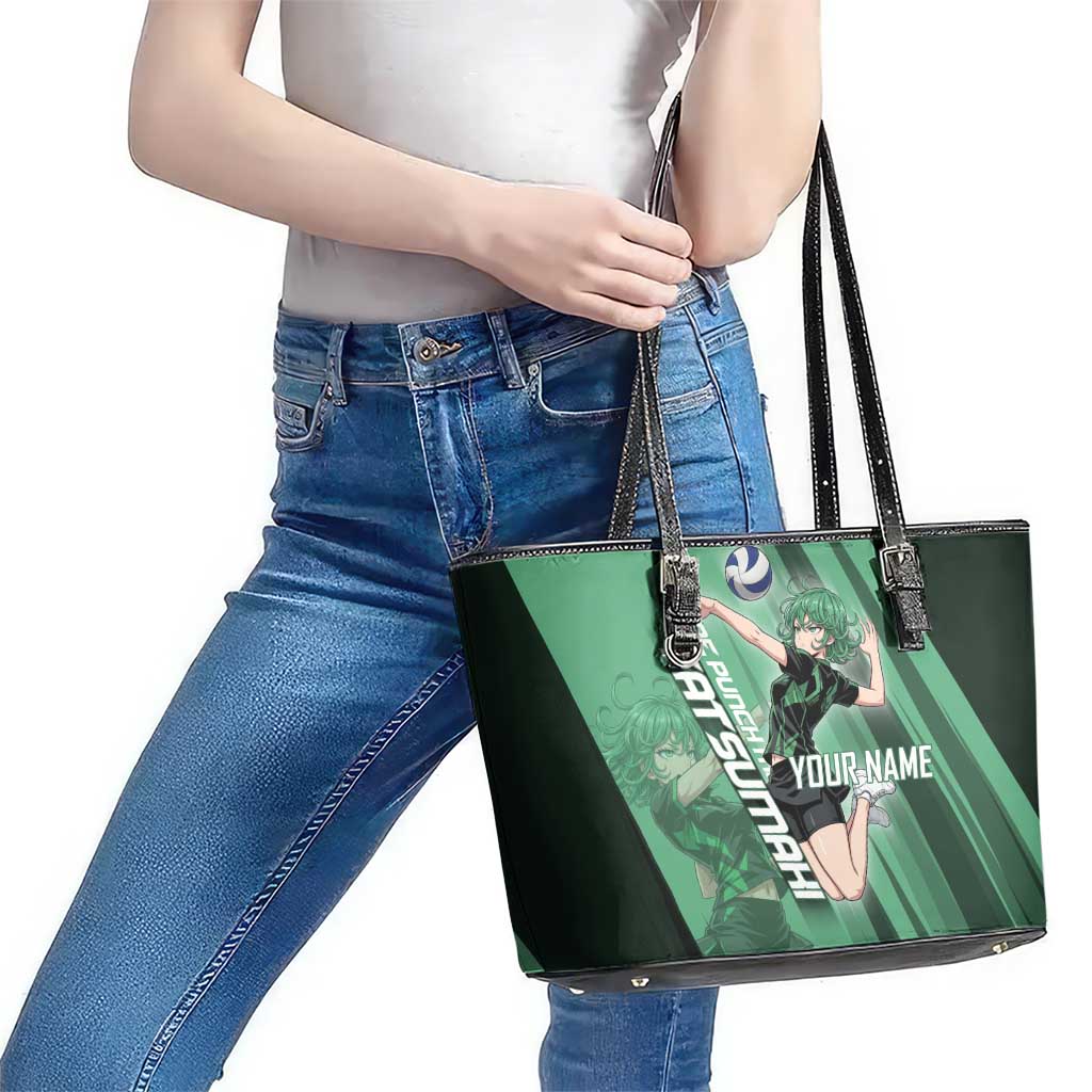 Personalized Tatsumaki Volleyball Design Leather Tote Bag with Green Athletic Theme and Energetic Action Pose