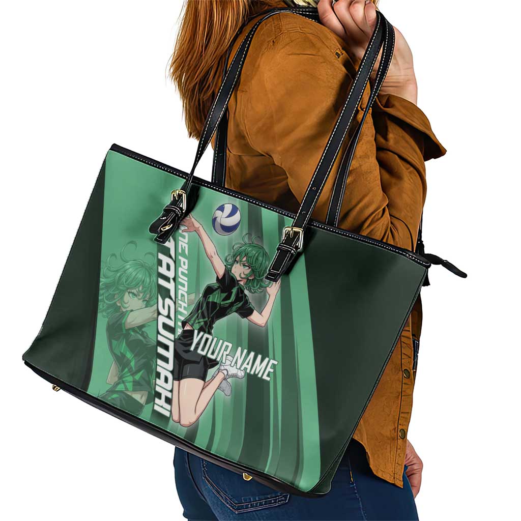Personalized Tatsumaki Volleyball Design Leather Tote Bag with Green Athletic Theme and Energetic Action Pose