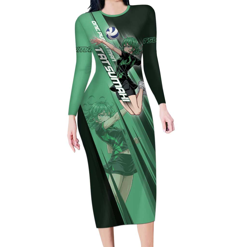 Personalized Tatsumaki Volleyball Design Long Sleeve Bodycon Dress with Green Athletic Theme and Energetic Action Pose