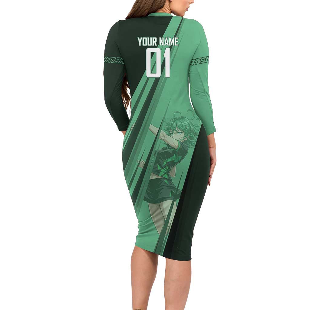 Personalized Tatsumaki Volleyball Design Long Sleeve Bodycon Dress with Green Athletic Theme and Energetic Action Pose