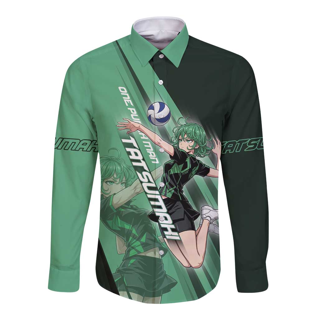 Personalized Tatsumaki Volleyball Design Long Sleeve Button Shirt with Green Athletic Theme and Energetic Action Pose