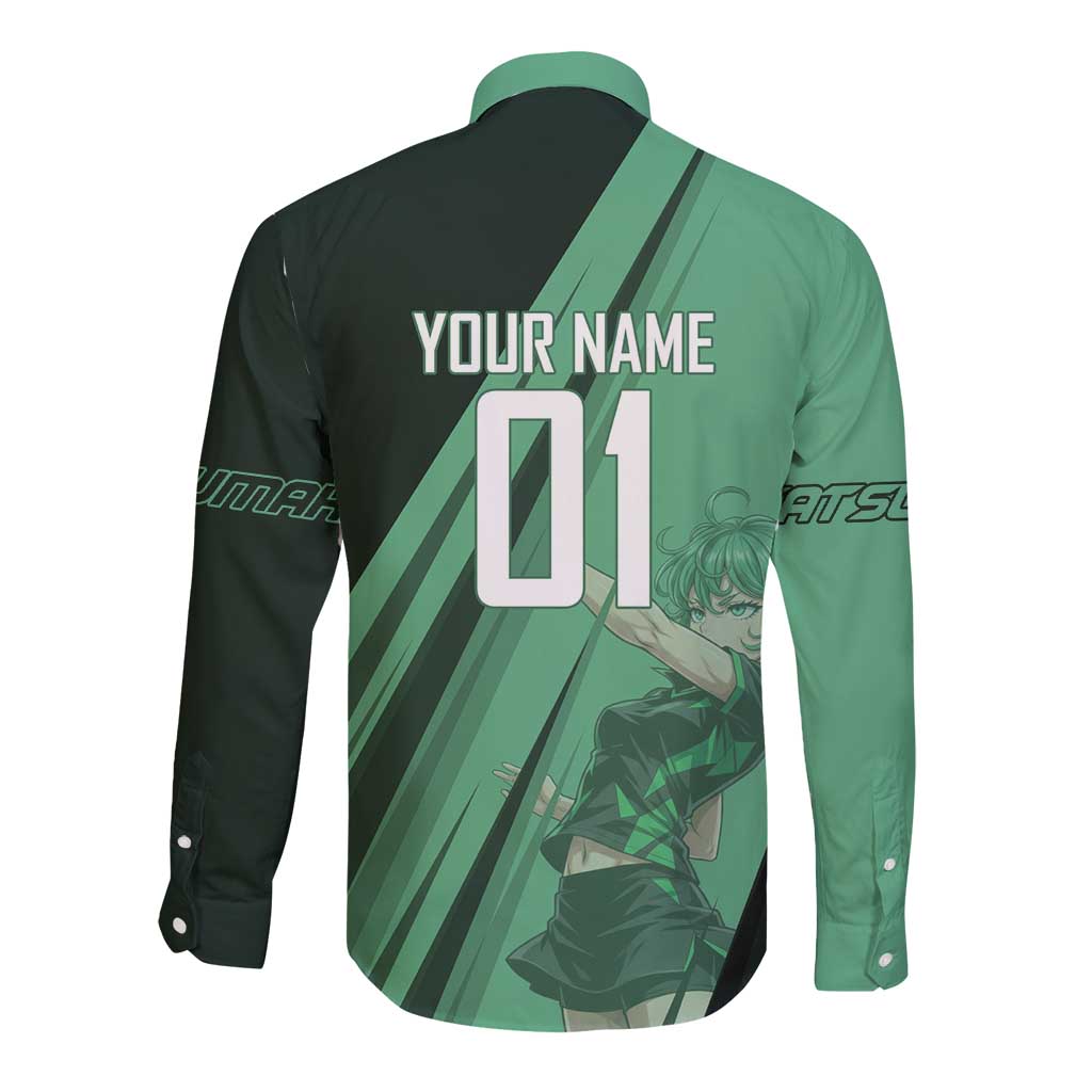 Personalized Tatsumaki Volleyball Design Long Sleeve Button Shirt with Green Athletic Theme and Energetic Action Pose