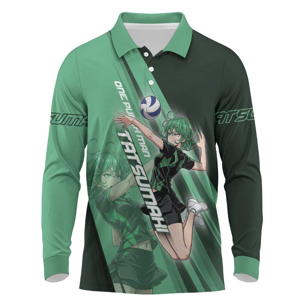 Personalized Tatsumaki Volleyball Design Long Sleeve Polo Shirt with Green Athletic Theme and Energetic Action Pose