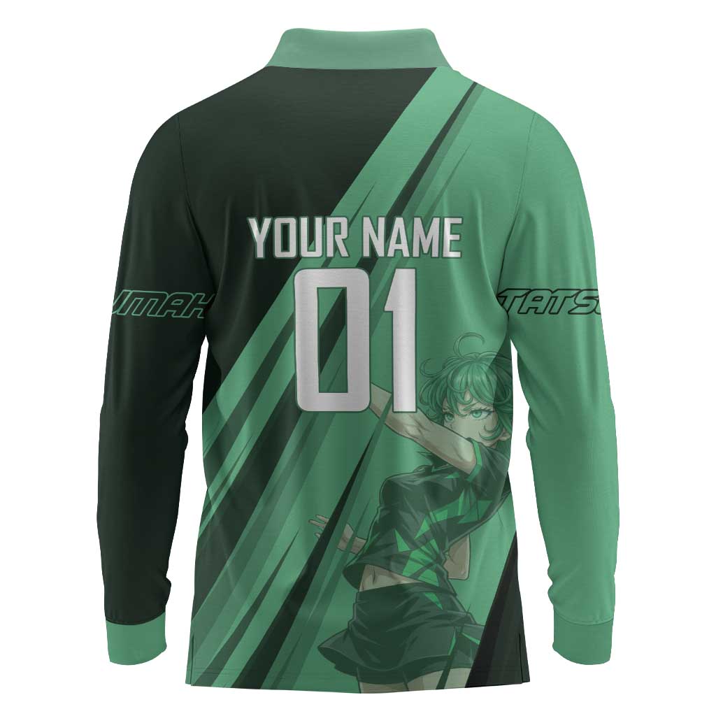 Personalized Tatsumaki Volleyball Design Long Sleeve Polo Shirt with Green Athletic Theme and Energetic Action Pose