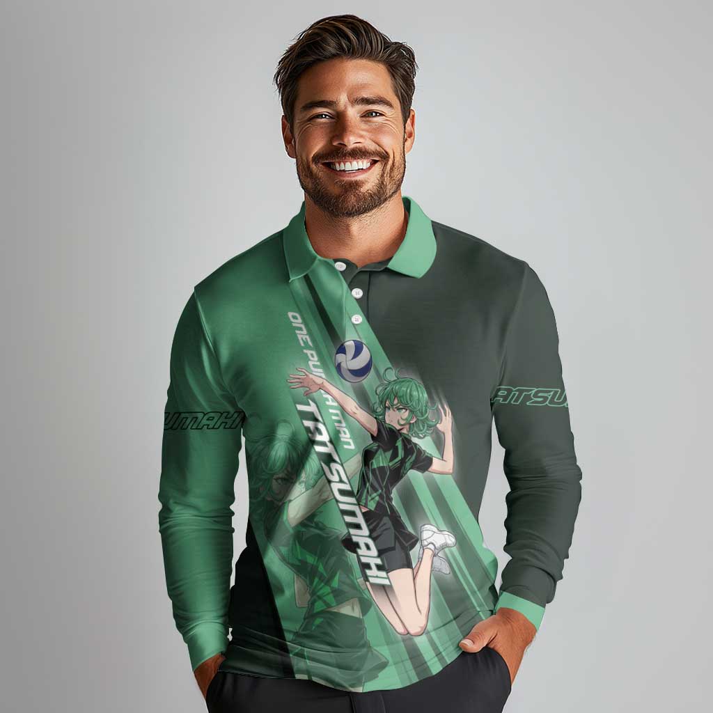 Personalized Tatsumaki Volleyball Design Long Sleeve Polo Shirt with Green Athletic Theme and Energetic Action Pose