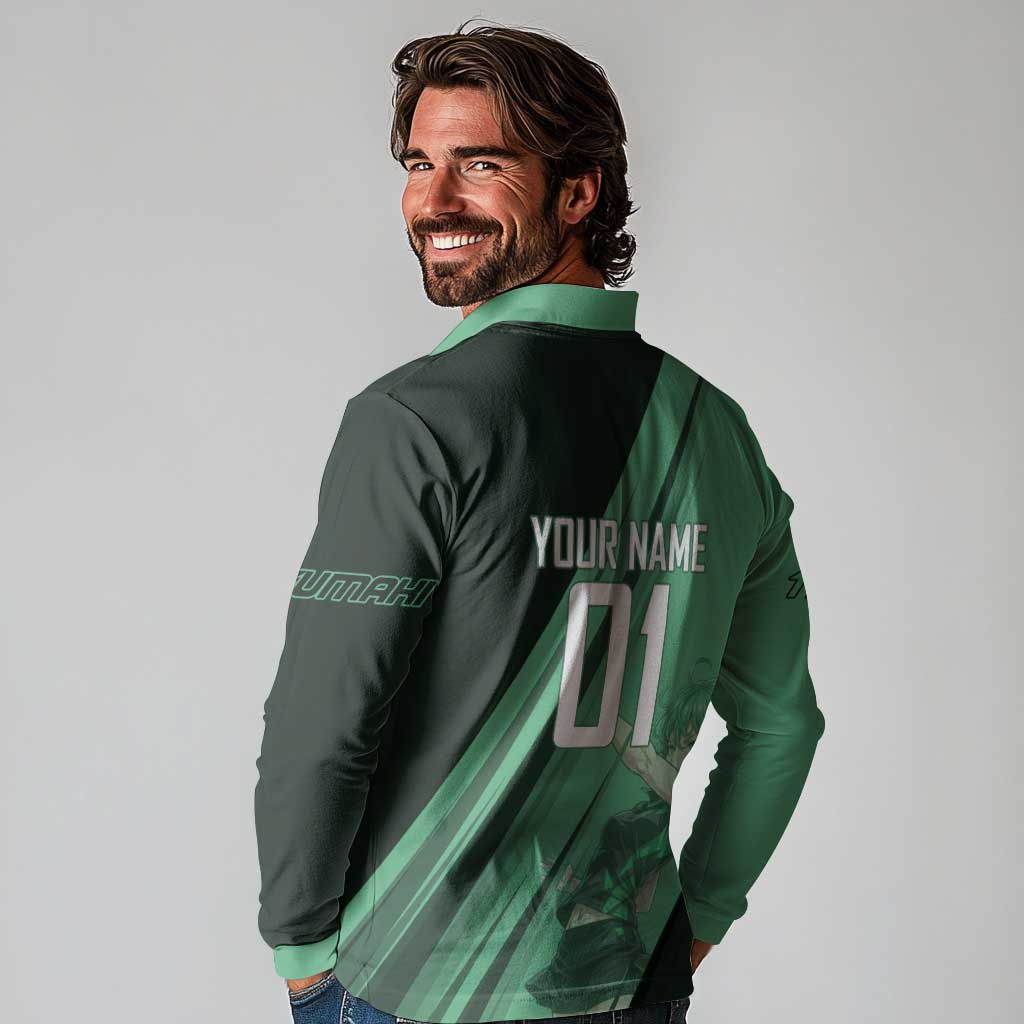 Personalized Tatsumaki Volleyball Design Long Sleeve Polo Shirt with Green Athletic Theme and Energetic Action Pose