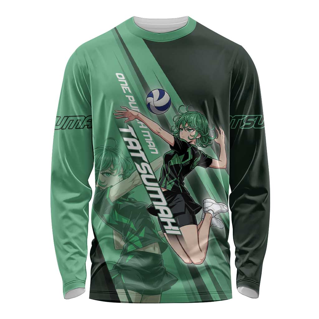 Personalized Tatsumaki Volleyball Design Long Sleeve Shirt with Green Athletic Theme and Energetic Action Pose