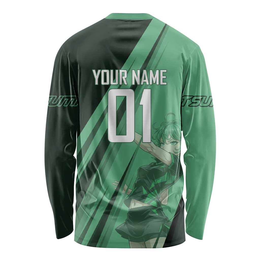Personalized Tatsumaki Volleyball Design Long Sleeve Shirt with Green Athletic Theme and Energetic Action Pose