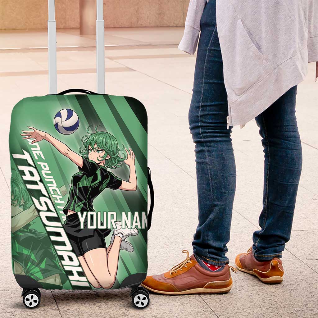 Personalized Tatsumaki Volleyball Design Luggage Cover with Green Athletic Theme and Energetic Action Pose