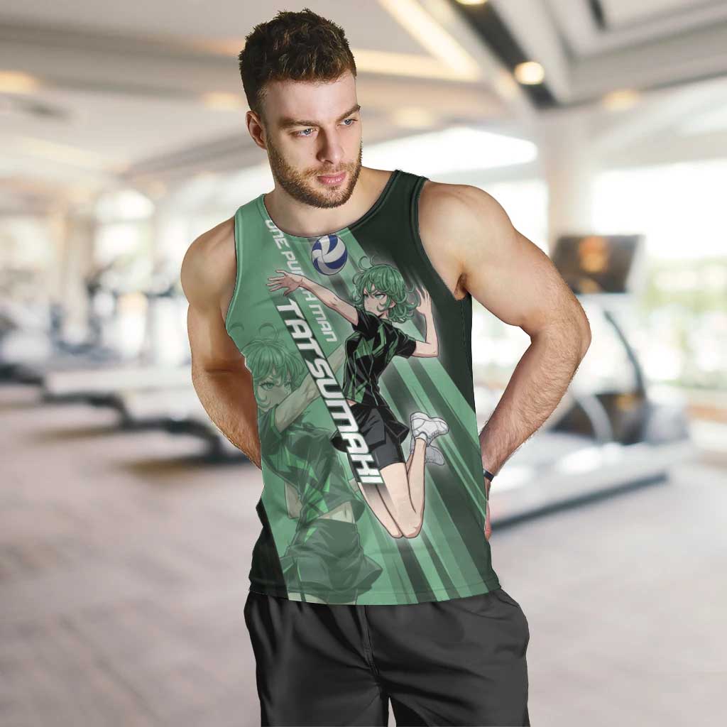 Personalized Tatsumaki Volleyball Design Men Tank Top with Green Athletic Theme and Energetic Action Pose