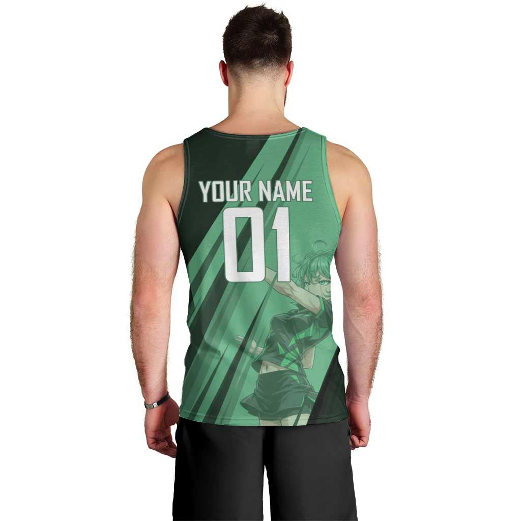 Personalized Tatsumaki Volleyball Design Men Tank Top with Green Athletic Theme and Energetic Action Pose